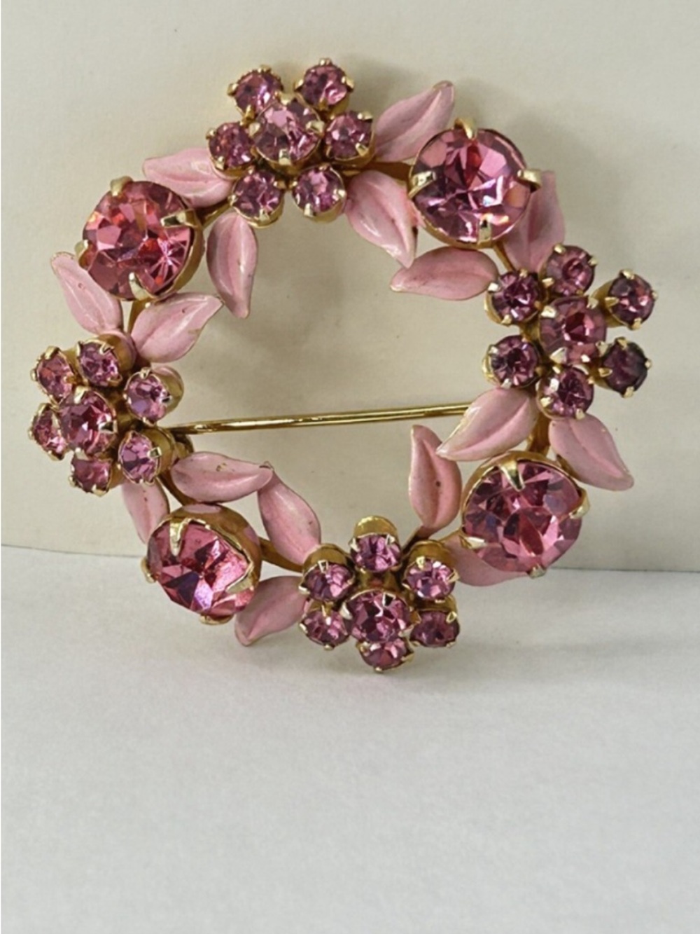 Pink Floral Crystal Wreath Brooch with Gold Tone Accents